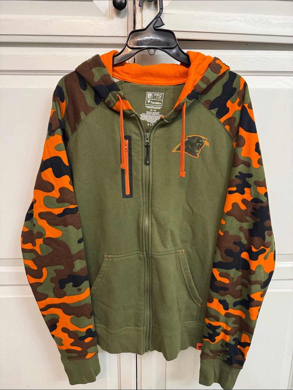 NFL Panthers Olive Green Zip Hoodie with Orange Camo Sleeves and Hood size M
